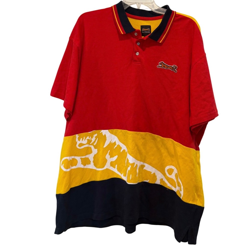 Le Tigre Mens XXL Colorblock Tiger Graphic Snap Polo Shirt Red Yellow Navy Blue